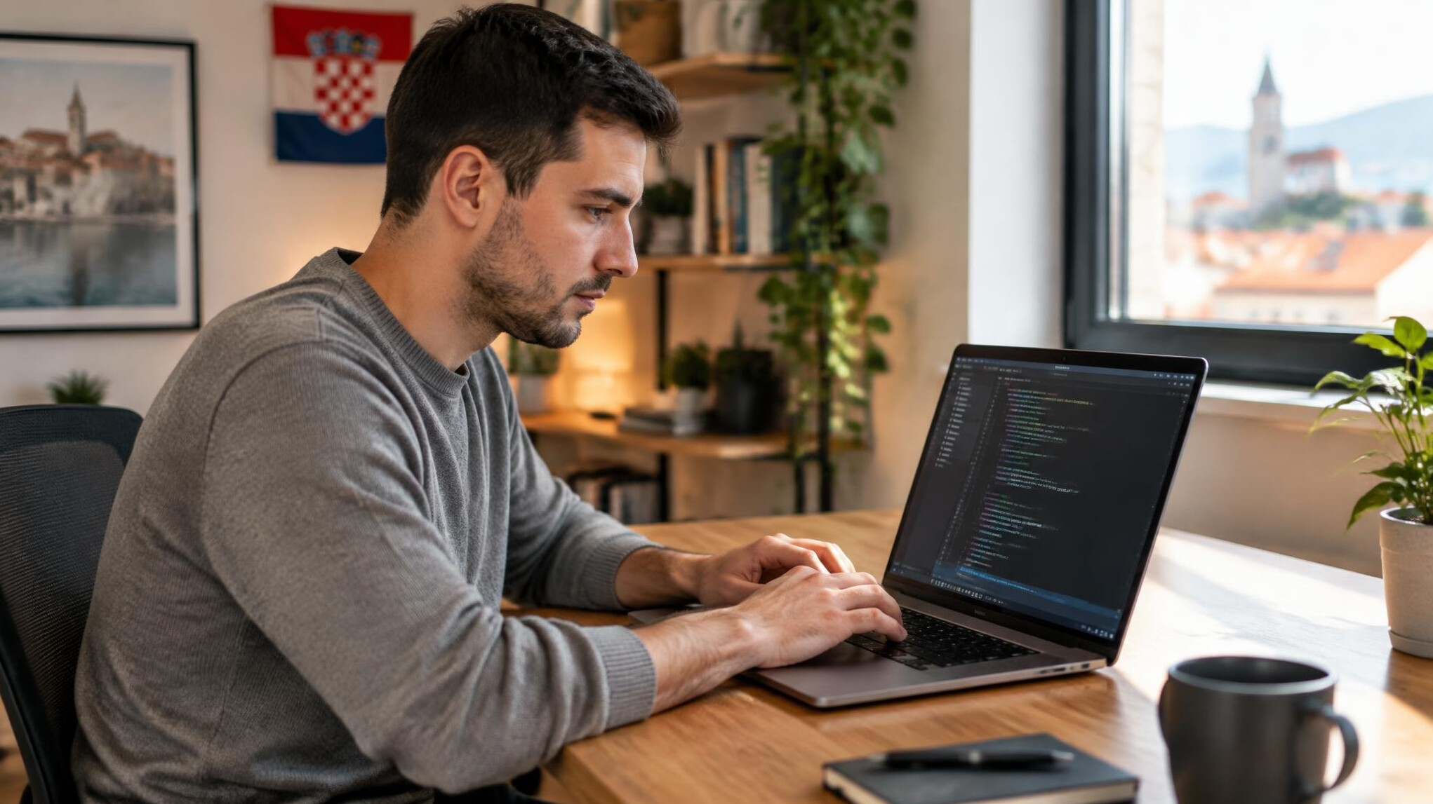 Young developer writing code on a laptop at a bright desk