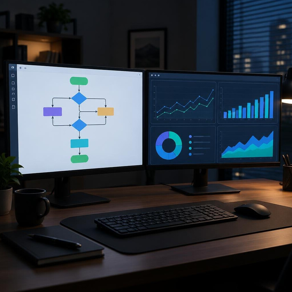 Dual monitor setup displaying diagrams and charts